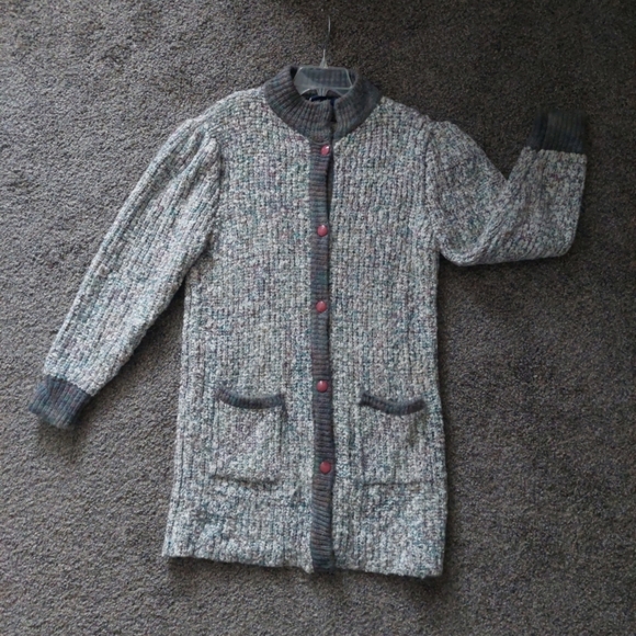 Vintage Retro 90s Y2K Knit Button front Long Cardigan sweater Gray Pink - Picture 11 of 11